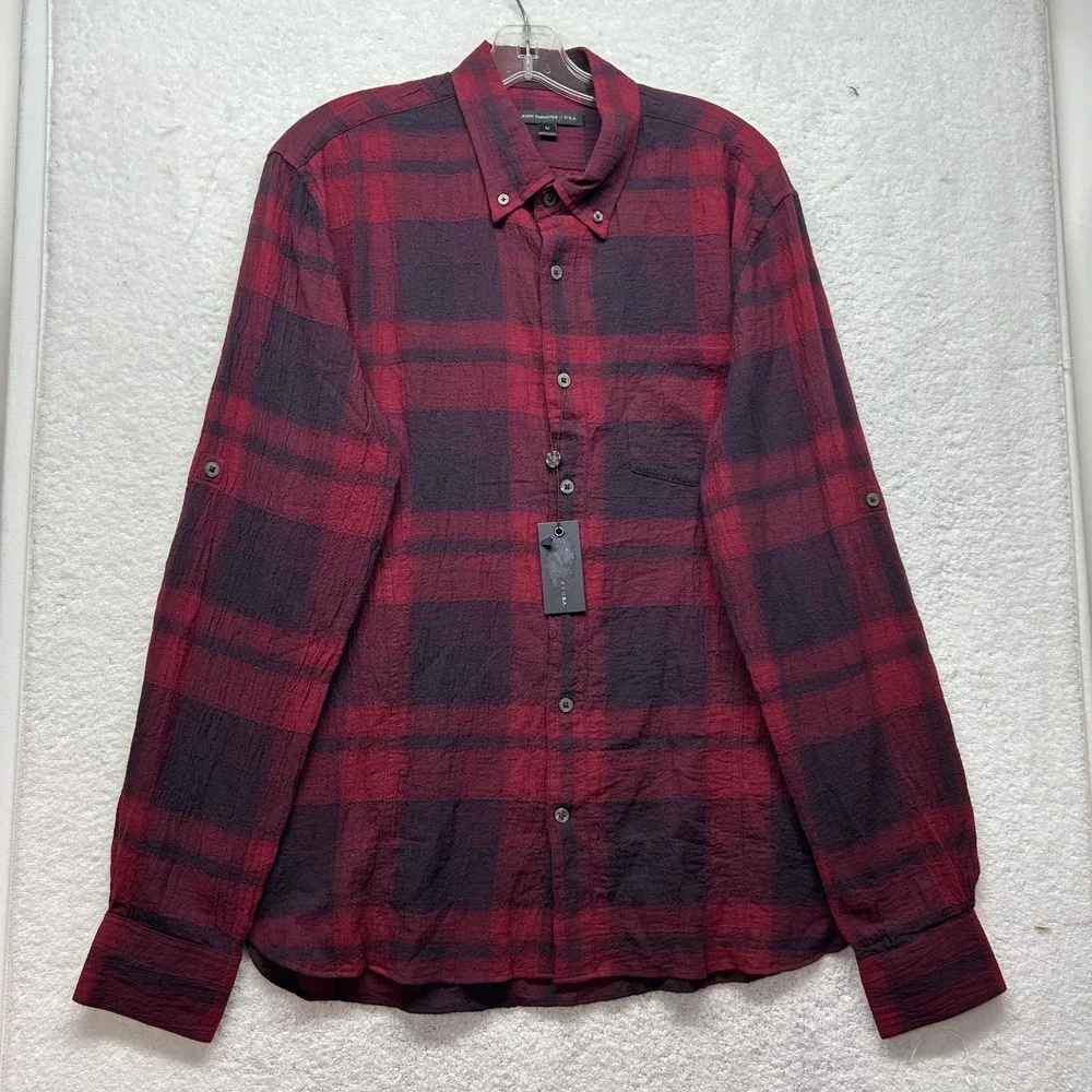 John Varvatos Mens Size M Red Seersucker Long Sleeve Button Up Cotton Shirt (T4)